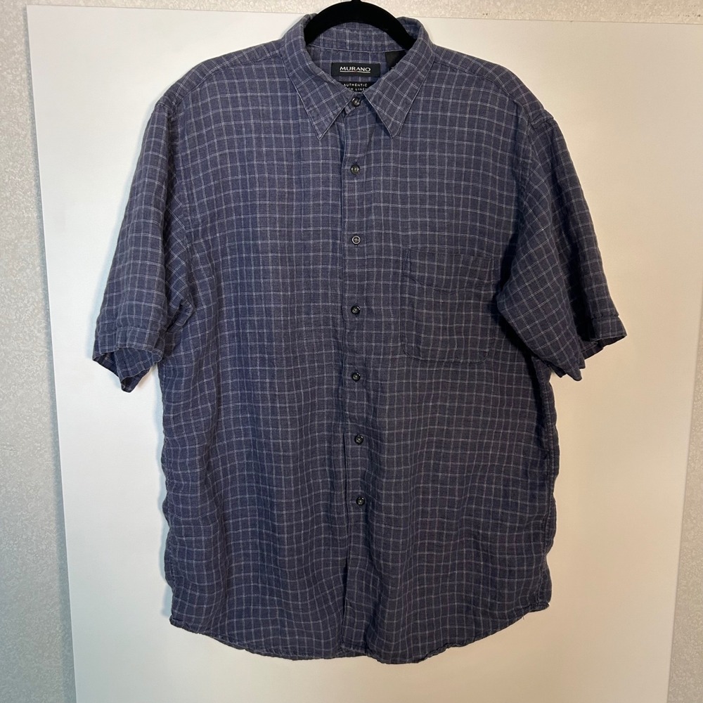 100% murano irish linen men's large navy windowpane button down camp shirt beach